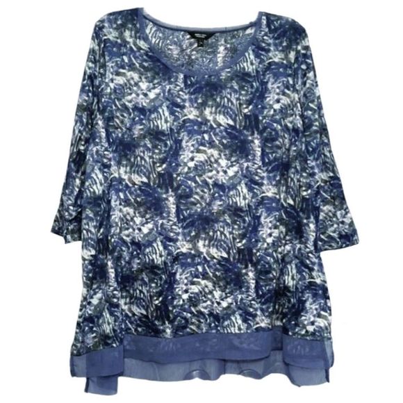 SIMPLY VERA TOP | ABSTRACT BLUE, BLACK, WHITE | RAW EDGE | CREW NECK | XL - Picture 1 of 8